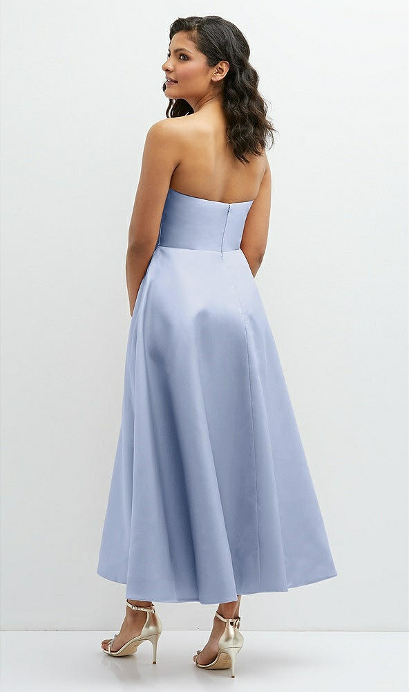 Back View - Sky Blue Draped Bodice Strapless Satin Midi Dress with Full Circle Skirt