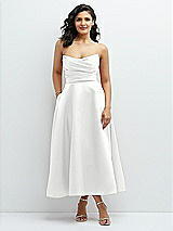 Front View Thumbnail - White Draped Bodice Strapless Satin Midi Dress with Full Circle Skirt
