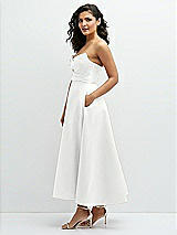 Side View Thumbnail - White Draped Bodice Strapless Satin Midi Dress with Full Circle Skirt