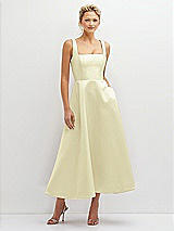 Front View Thumbnail - Butter Yellow Square Neck Satin Midi Dress with Full Skirt & Pockets
