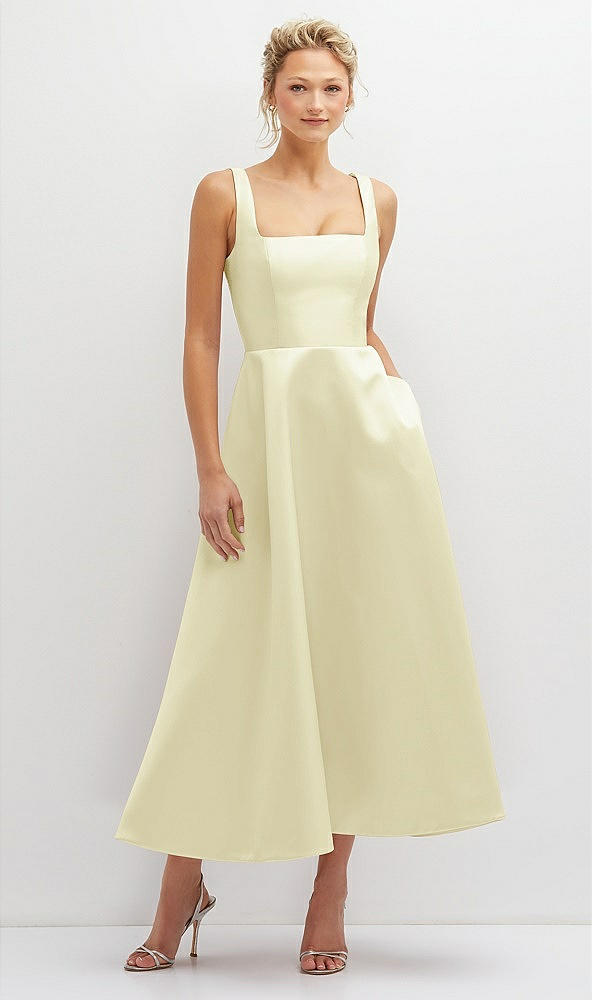Front View - Butter Yellow Square Neck Satin Midi Dress with Full Skirt & Pockets