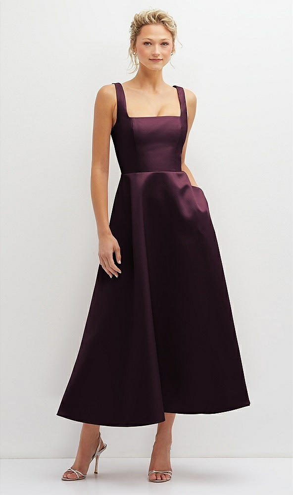 Front View - Deep Plum Square Neck Satin Midi Dress with Full Skirt & Pockets