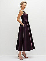 Side View Thumbnail - Deep Plum Square Neck Satin Midi Dress with Full Skirt & Pockets