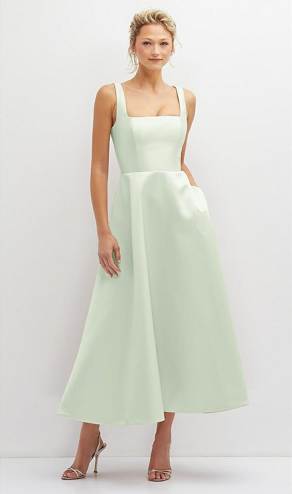 Front View - Mint Green Square Neck Satin Midi Dress with Full Skirt & Pockets