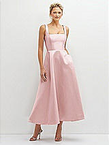 Front View Thumbnail - Ballet Pink Square Neck Satin Midi Dress with Full Skirt & Pockets