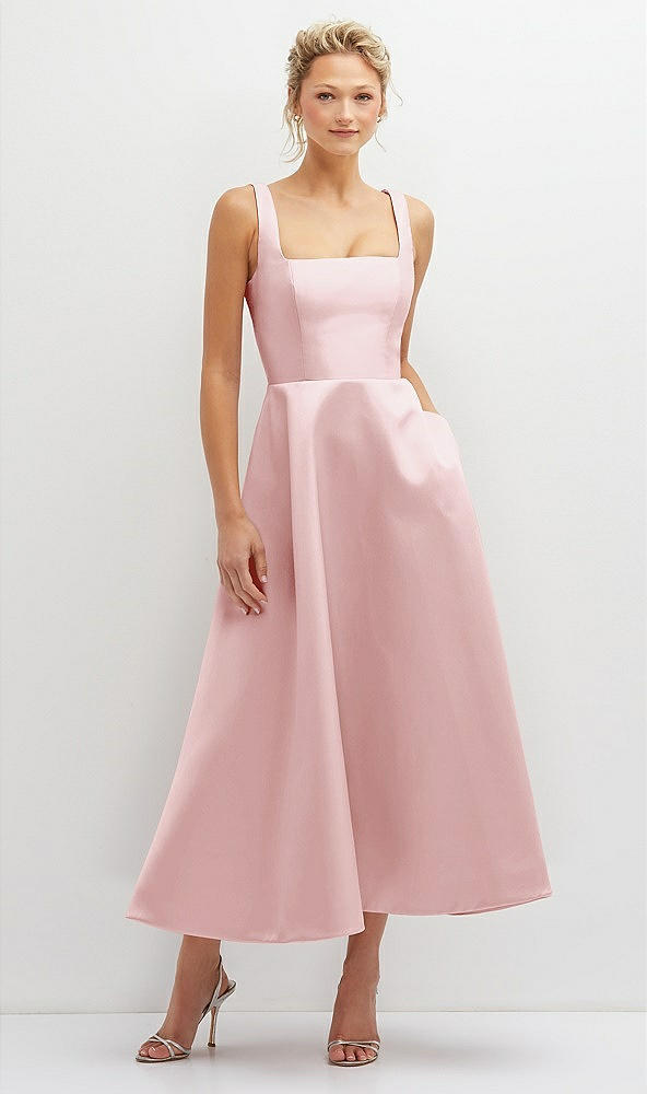 Front View - Ballet Pink Square Neck Satin Midi Dress with Full Skirt & Pockets