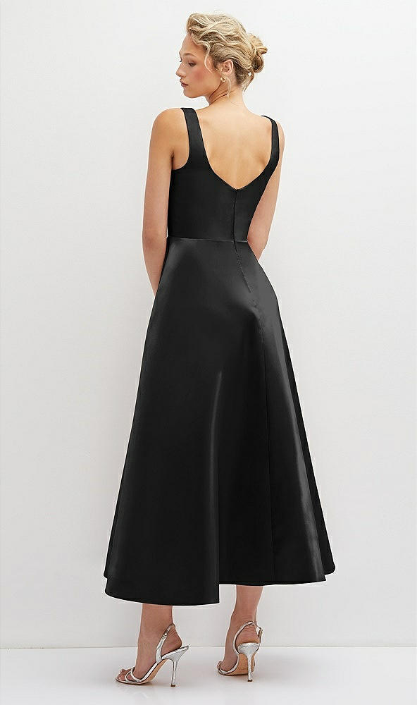Back View - Black Square Neck Satin Midi Dress with Full Skirt & Pockets