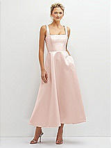 Front View Thumbnail - Blush Square Neck Satin Midi Dress with Full Skirt & Pockets