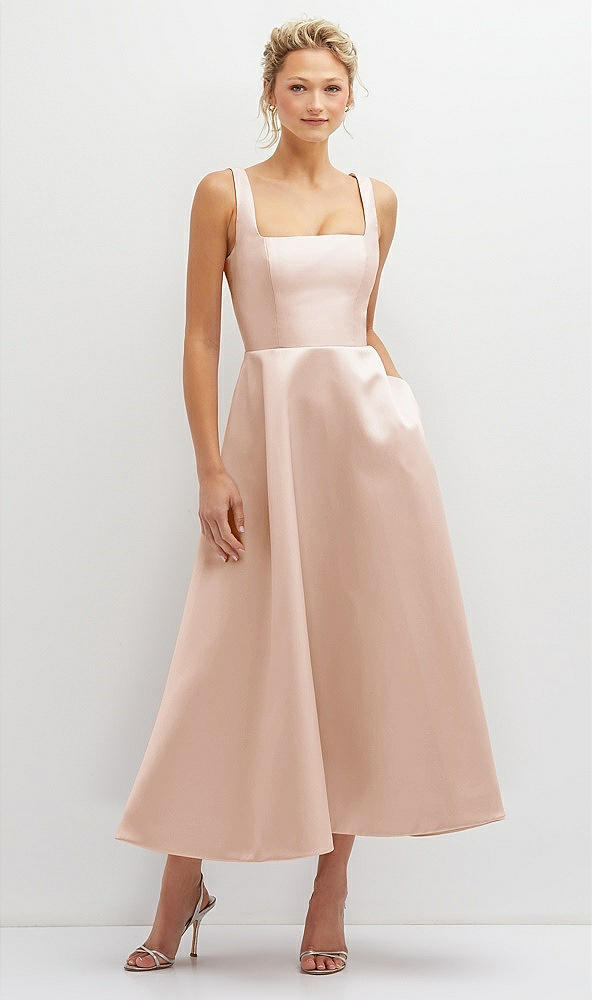 Front View - Cameo Square Neck Satin Midi Dress with Full Skirt & Pockets