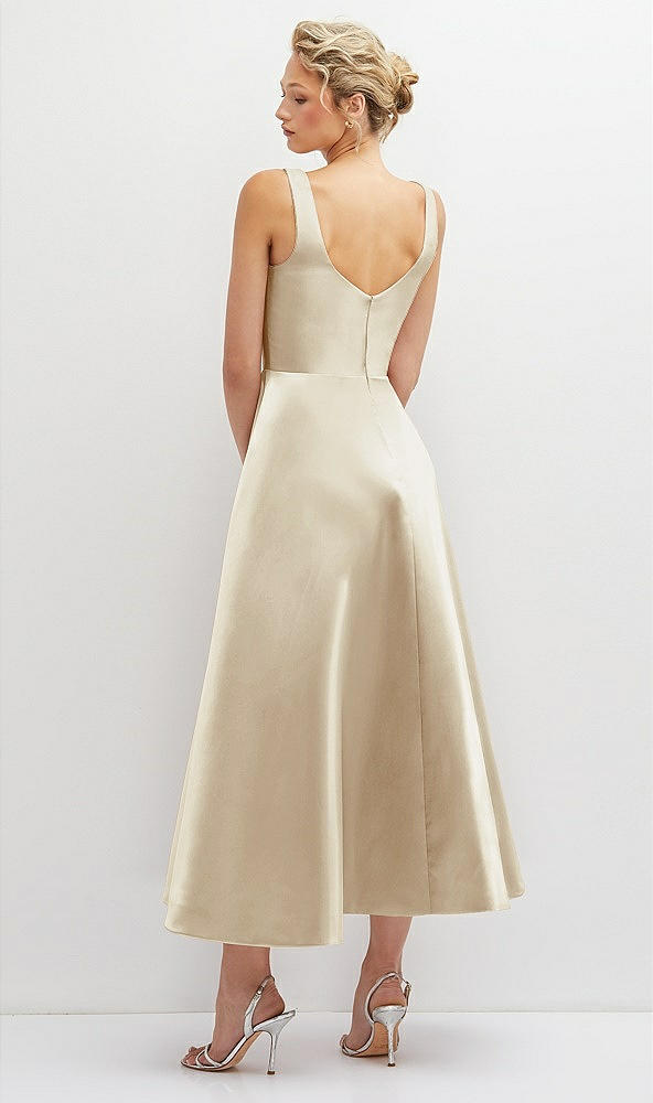 Back View - Champagne Square Neck Satin Midi Dress with Full Skirt & Pockets