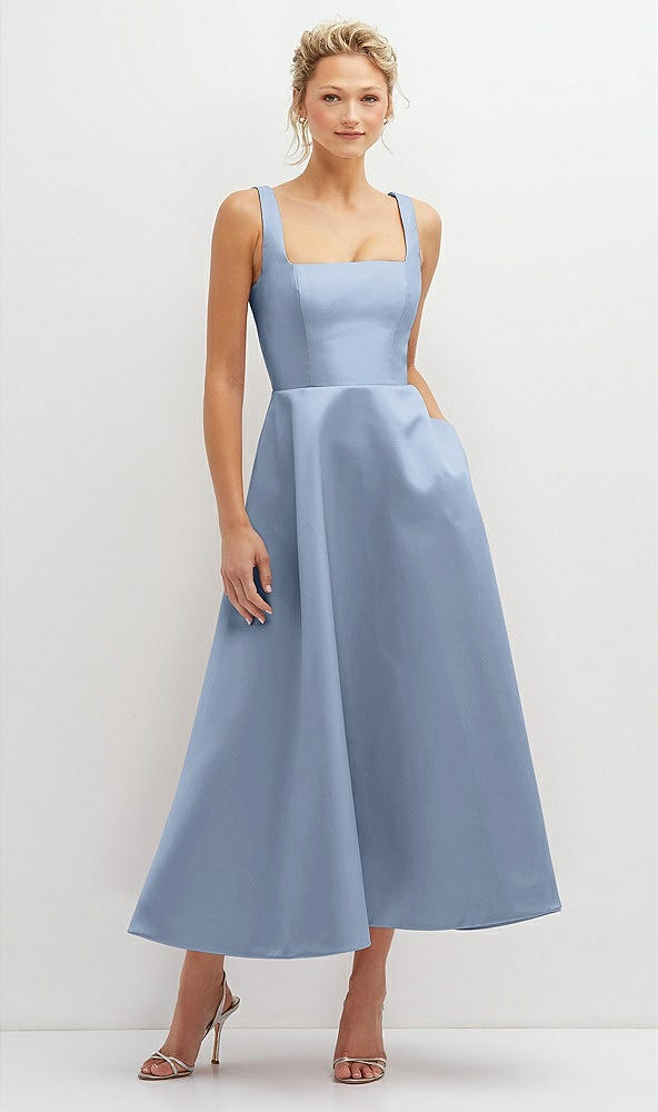 Front View - Cloudy Square Neck Satin Midi Dress with Full Skirt & Pockets