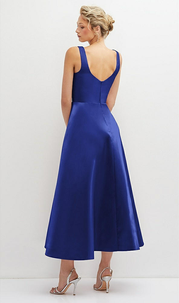 Back View - Cobalt Blue Square Neck Satin Midi Dress with Full Skirt & Pockets