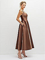 Side View Thumbnail - Cognac Square Neck Satin Midi Dress with Full Skirt & Pockets