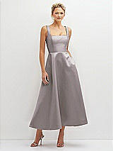 Front View Thumbnail - Cashmere Gray Square Neck Satin Midi Dress with Full Skirt & Pockets