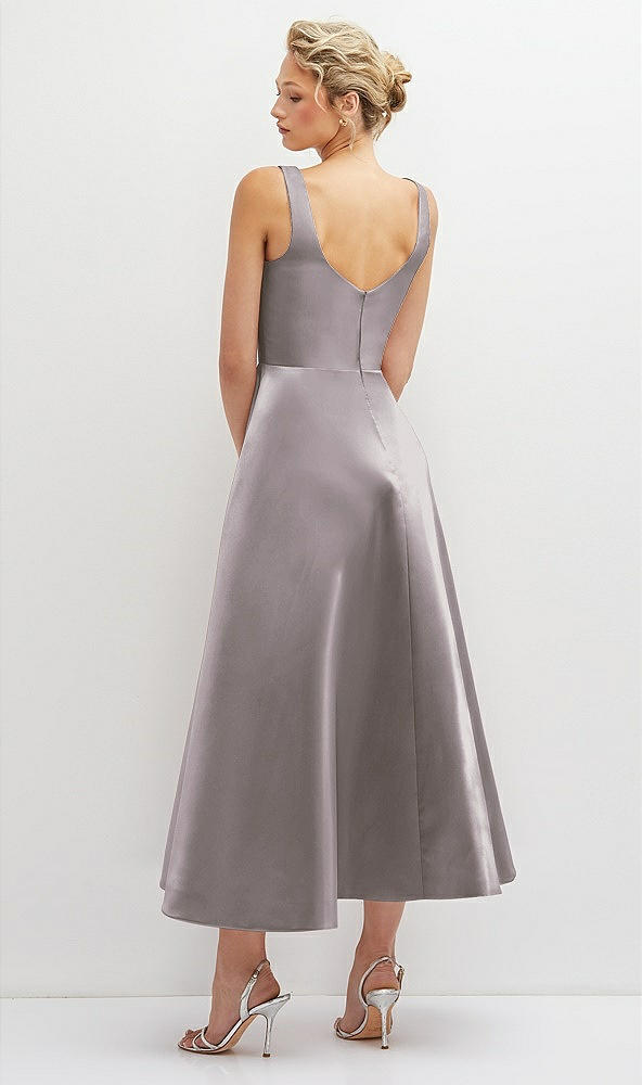 Back View - Cashmere Gray Square Neck Satin Midi Dress with Full Skirt & Pockets