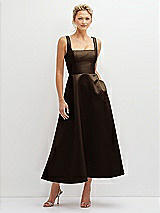 Front View Thumbnail - Espresso Square Neck Satin Midi Dress with Full Skirt & Pockets