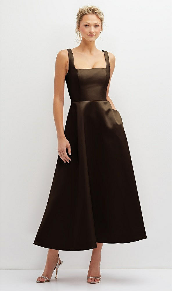 Front View - Espresso Square Neck Satin Midi Dress with Full Skirt & Pockets