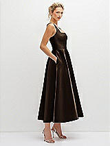 Side View Thumbnail - Espresso Square Neck Satin Midi Dress with Full Skirt & Pockets