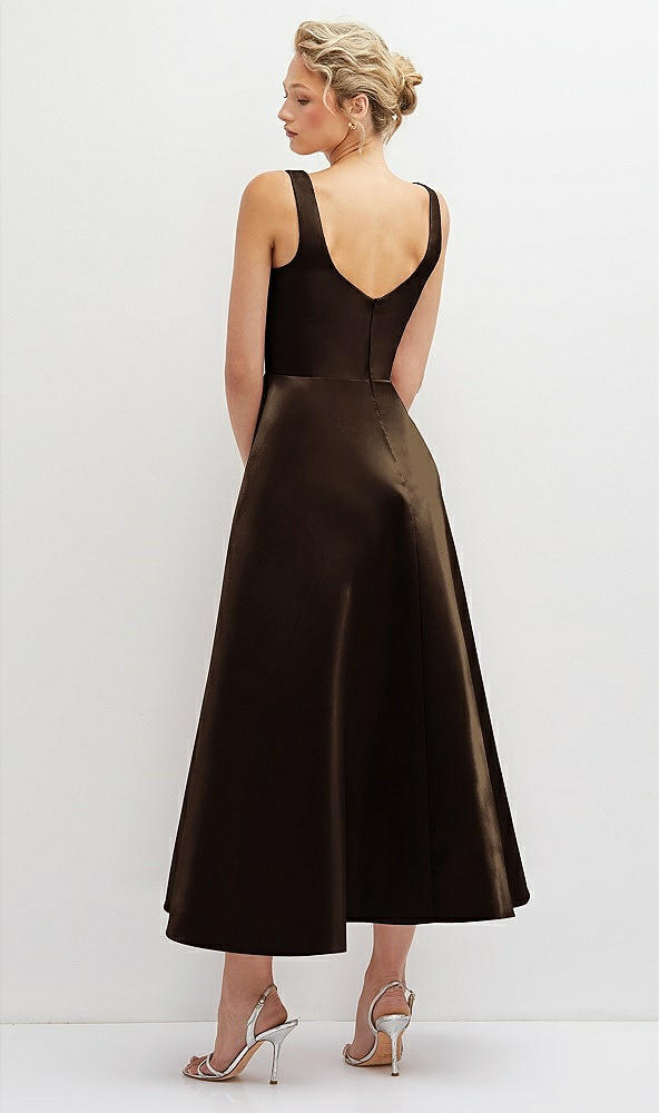 Back View - Espresso Square Neck Satin Midi Dress with Full Skirt & Pockets