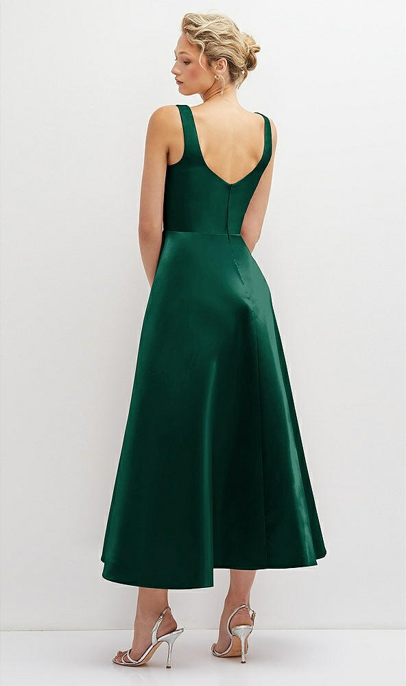Back View - Hunter Green Square Neck Satin Midi Dress with Full Skirt & Pockets
