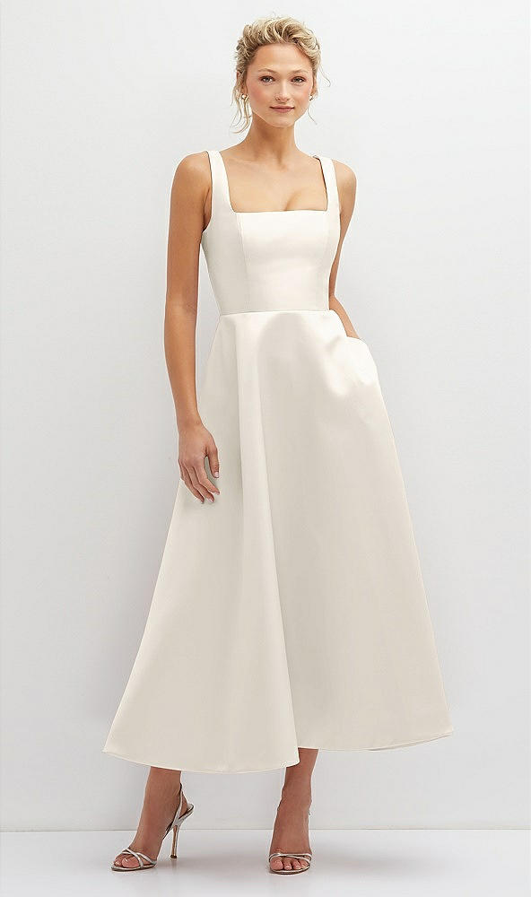 Front View - Ivory Square Neck Satin Midi Dress with Full Skirt & Pockets