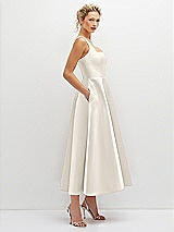 Side View Thumbnail - Ivory Square Neck Satin Midi Dress with Full Skirt & Pockets