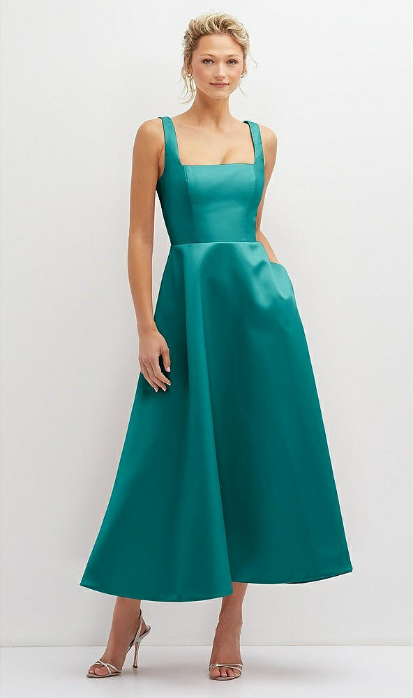 Front View - Jade Square Neck Satin Midi Dress with Full Skirt & Pockets