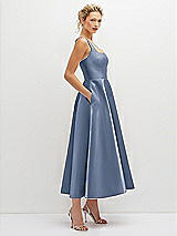 Side View Thumbnail - Larkspur Blue Square Neck Satin Midi Dress with Full Skirt & Pockets