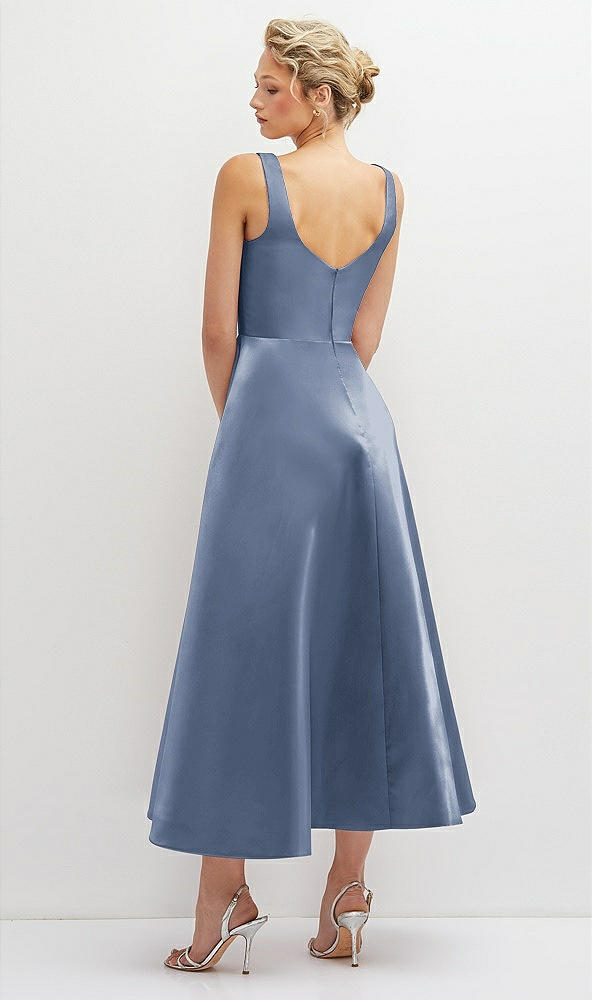 Back View - Larkspur Blue Square Neck Satin Midi Dress with Full Skirt & Pockets