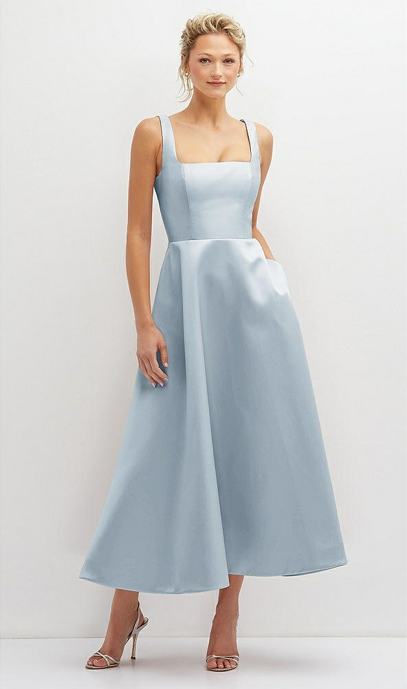 Front View - Mist Square Neck Satin Midi Dress with Full Skirt & Pockets