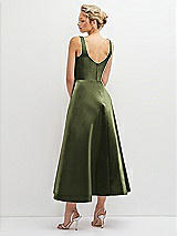 Rear View Thumbnail - Olive Green Square Neck Satin Midi Dress with Full Skirt & Pockets