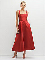 Front View Thumbnail - Poppy Red Square Neck Satin Midi Dress with Full Skirt & Pockets