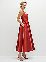 Side View Thumbnail - Poppy Red Square Neck Satin Midi Dress with Full Skirt & Pockets