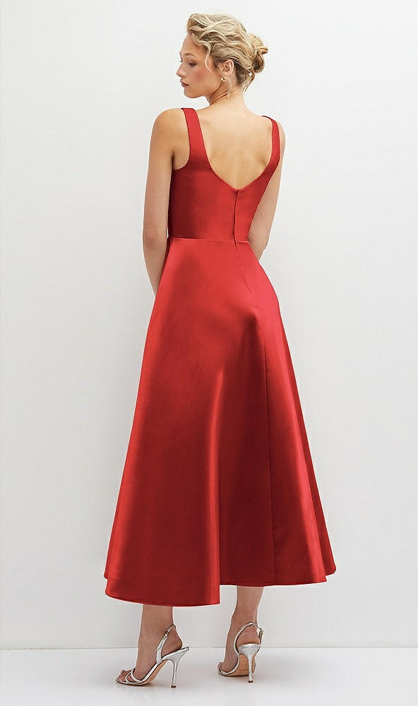 Back View - Poppy Red Square Neck Satin Midi Dress with Full Skirt & Pockets