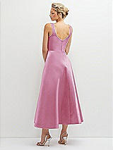 Rear View Thumbnail - Powder Pink Square Neck Satin Midi Dress with Full Skirt & Pockets