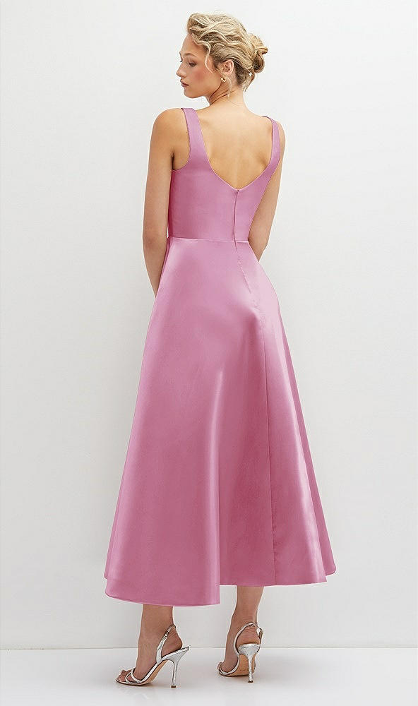 Back View - Powder Pink Square Neck Satin Midi Dress with Full Skirt & Pockets