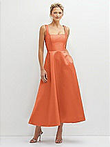Front View Thumbnail - Portofino Orange Square Neck Satin Midi Dress with Full Skirt & Pockets