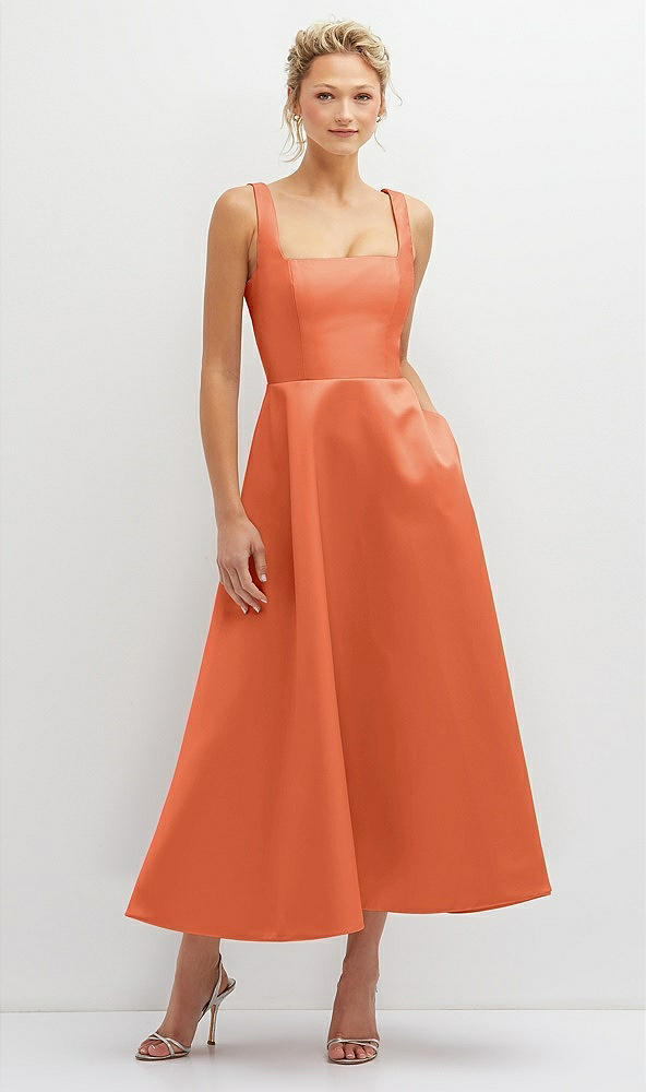 Front View - Portofino Orange Square Neck Satin Midi Dress with Full Skirt & Pockets