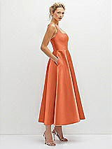 Side View Thumbnail - Portofino Orange Square Neck Satin Midi Dress with Full Skirt & Pockets