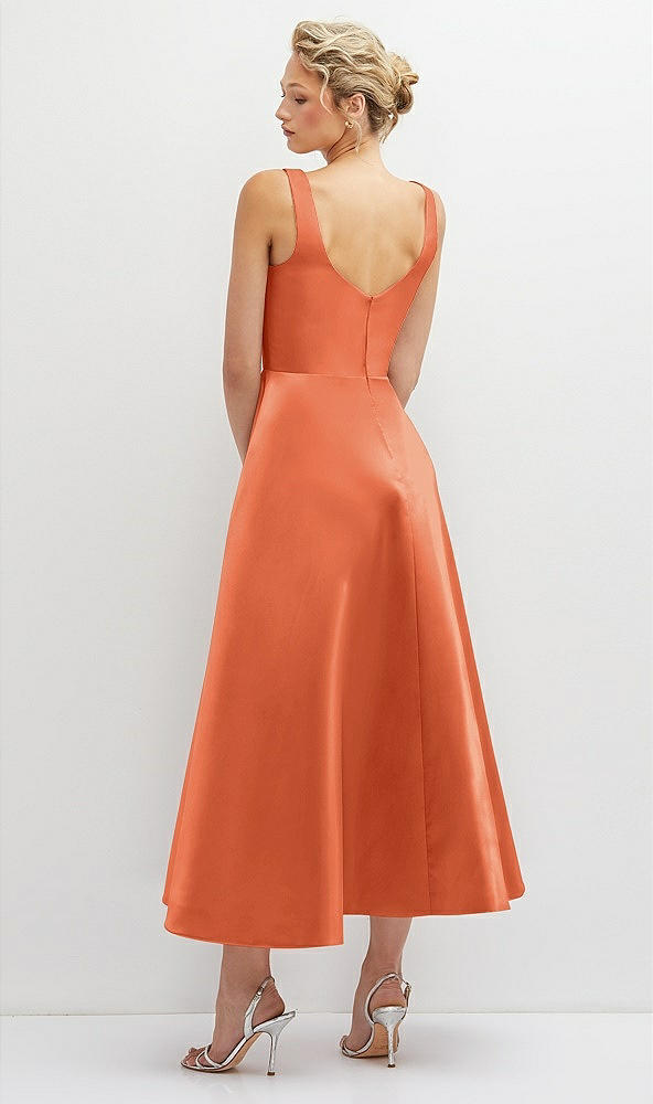Back View - Portofino Orange Square Neck Satin Midi Dress with Full Skirt & Pockets