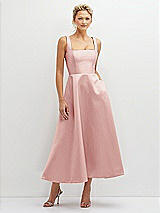 Front View Thumbnail - Rose Square Neck Satin Midi Dress with Full Skirt & Pockets