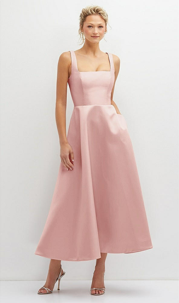 Front View - Rose Square Neck Satin Midi Dress with Full Skirt & Pockets
