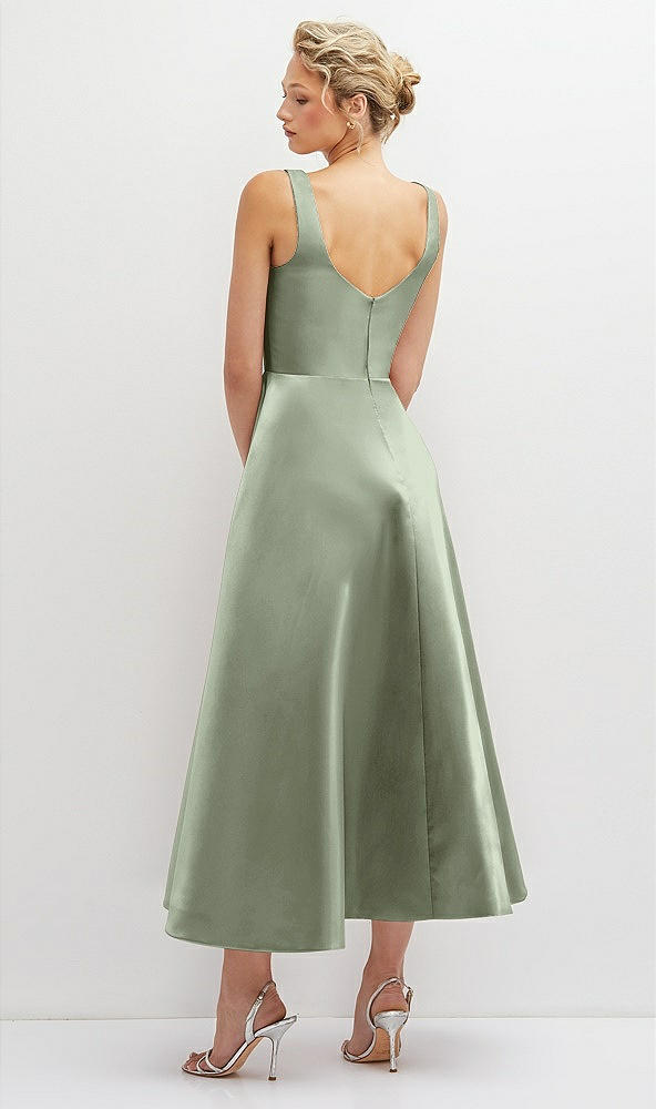 Back View - Sage Square Neck Satin Midi Dress with Full Skirt & Pockets
