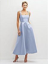 Front View Thumbnail - Sky Blue Square Neck Satin Midi Dress with Full Skirt & Pockets