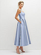 Side View Thumbnail - Sky Blue Square Neck Satin Midi Dress with Full Skirt & Pockets