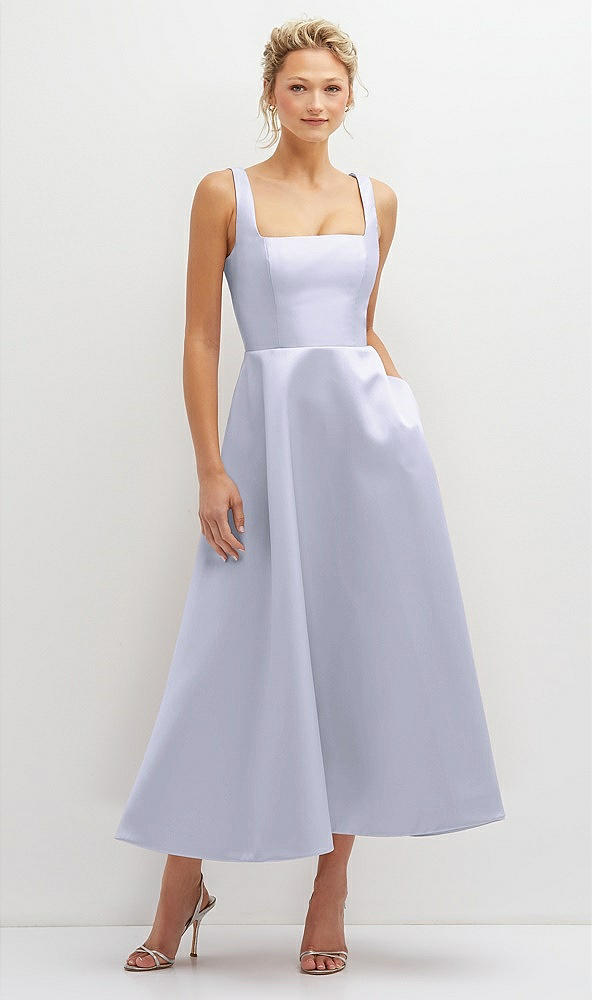 Front View - Silver Dove Square Neck Satin Midi Dress with Full Skirt & Pockets