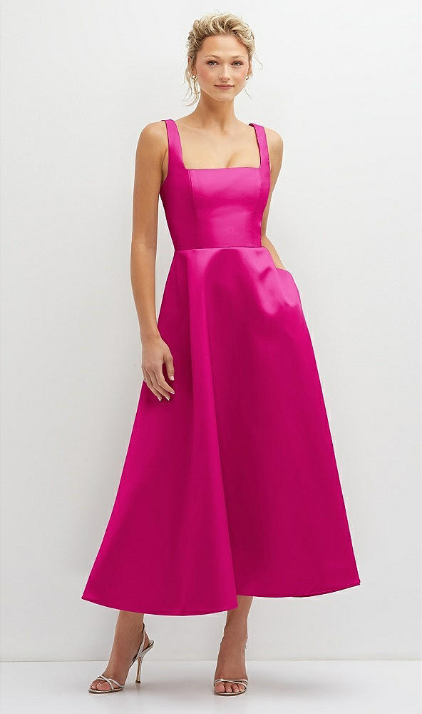 Front View - Think Pink Square Neck Satin Midi Dress with Full Skirt & Pockets