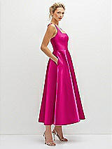 Side View Thumbnail - Think Pink Square Neck Satin Midi Dress with Full Skirt & Pockets