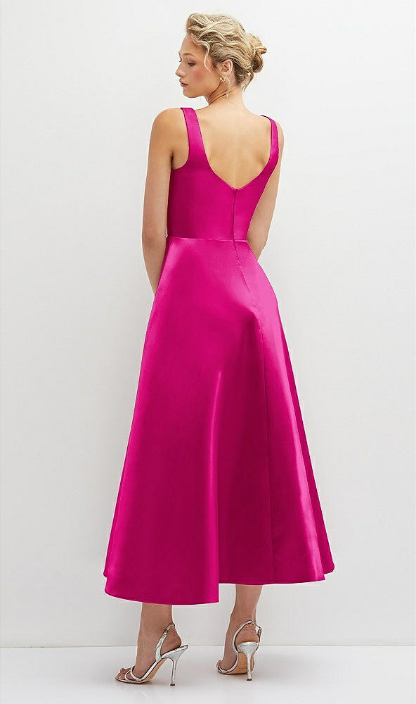 Back View - Think Pink Square Neck Satin Midi Dress with Full Skirt & Pockets