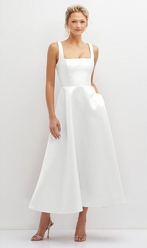 Front View - White Square Neck Satin Midi Dress with Full Skirt & Pockets